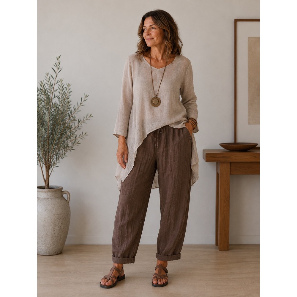 Womens Linen Cotton‎ Pants 2XL Brown Drawstring Relaxed Coastal Boho Lagenlook